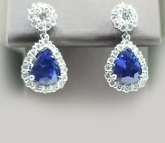 Blue Pear Halo Drop Earrings by Fantasy GemArt