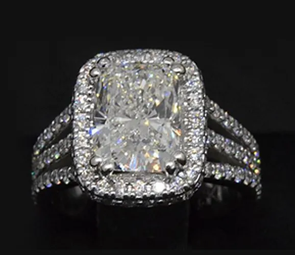 Cushion halo split-shank engagement ring, hand-made by Fantasy GemArt
